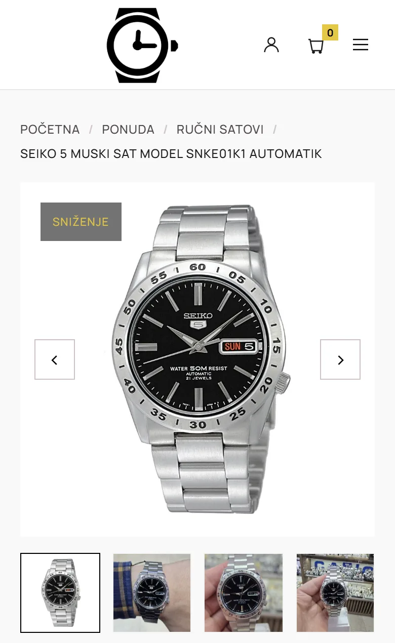 The Seiko 5 SNKE01K1 product page on smarttime.ba, phone screenshot