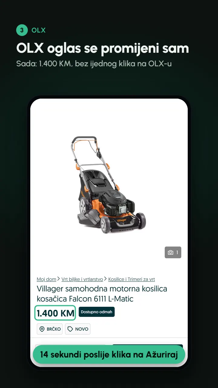 Snimak: oglas za kosilicu na OLX-u pokazuje novu cijenu 14 sekundi poslije promjene na mrt.ba