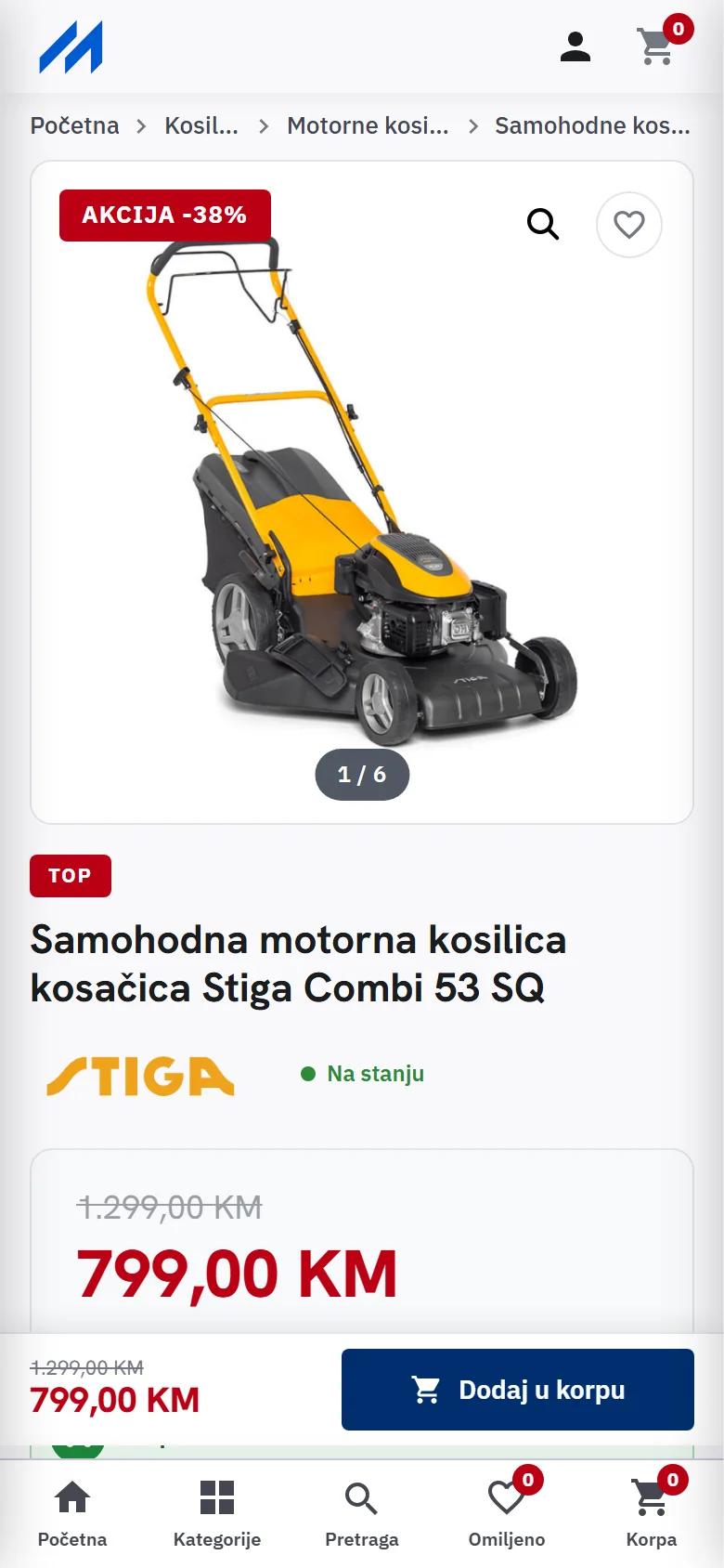 The Stiga Combi 53 SQ lawn mower on mrt.ba at 799 KM, a phone screenshot