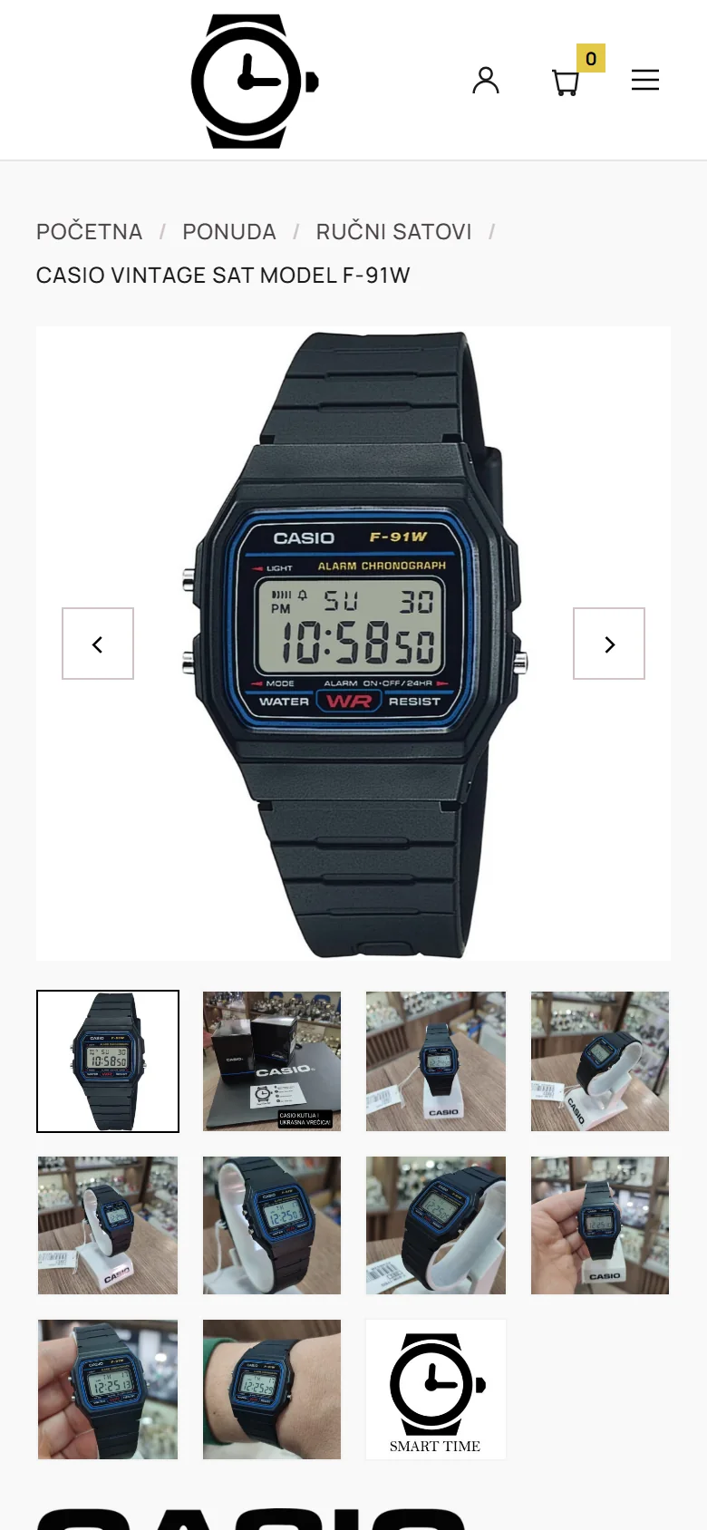 The Casio F-91W watch on smarttime.ba, a product page on a phone